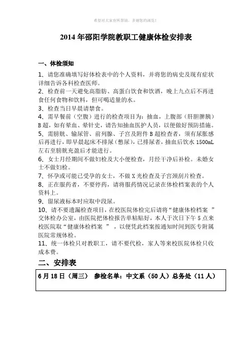 2014年邵阳学院教职工健康体检安排