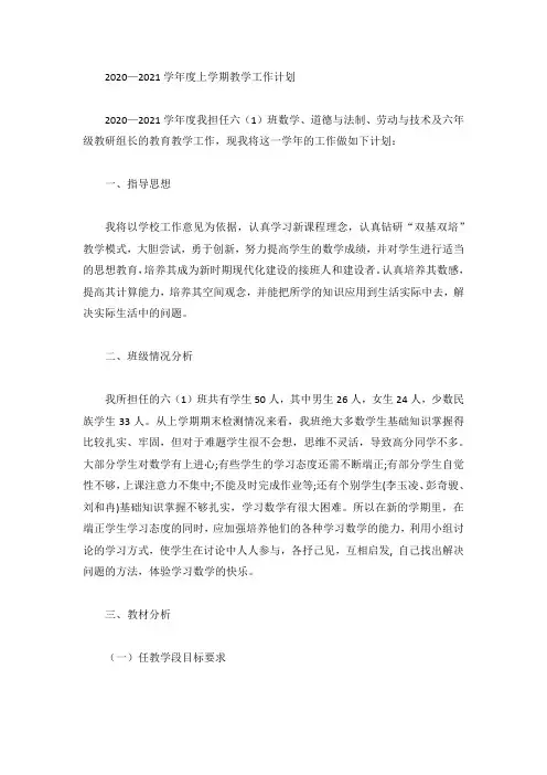 2020—2021学年度上学期教学工作计划
