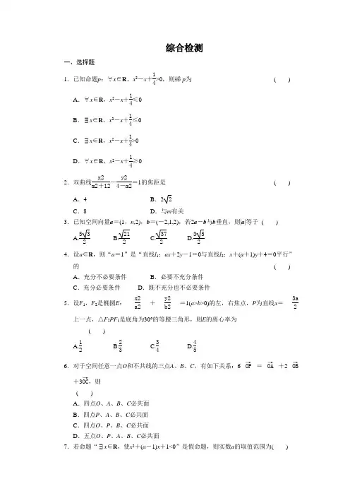 【步步高 学案导学设计】学年 高中数学 人教A版选修21全册综合检测题(含答案).doc