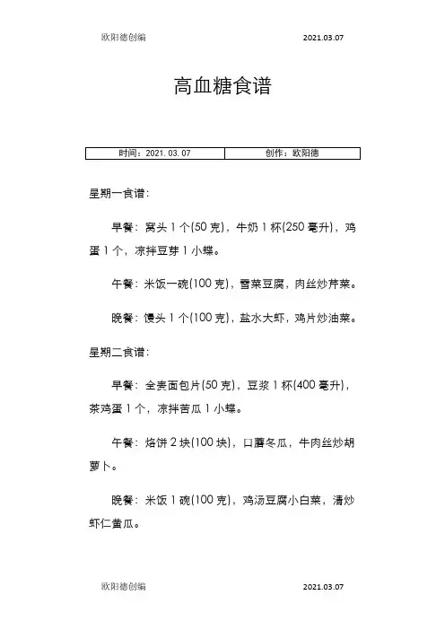 高血糖食谱之欧阳德创编
