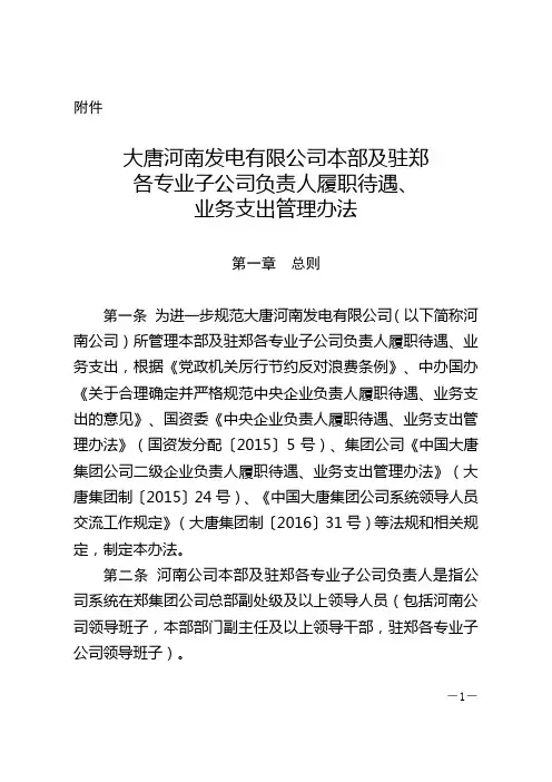 大唐河南发电有限公司本部及驻郑各专业子公司负责人履职待遇、业务支出管理办法