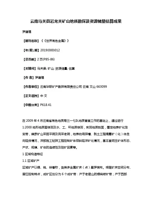 云南马关县岩龙关矿山地质勘探及资源储量估算成果