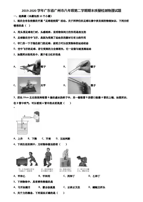 2019-2020学年广东省广州市八年级第二学期期末质量检测物理试题含解析