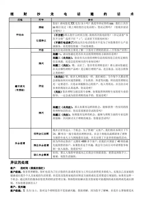 理财沙龙电话邀约话术-客户经理
