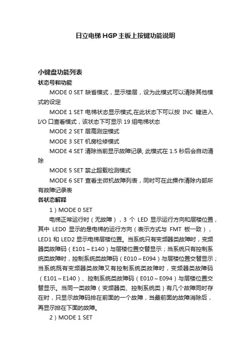 日立电梯HGP主板上按键功能说明