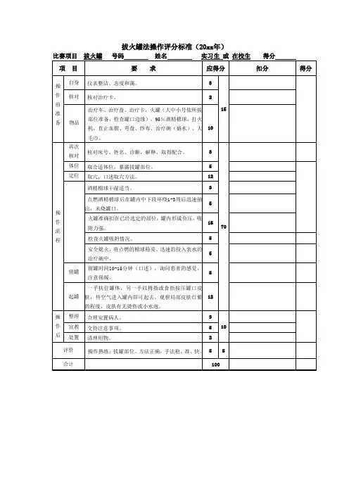 拔火罐法操作评分标准(学生)