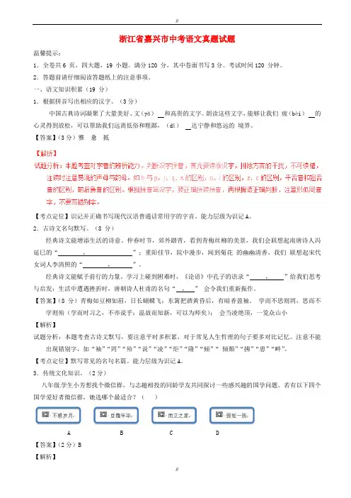 2020届浙江省嘉兴市中考语文模拟试题(含解析)(已审阅)