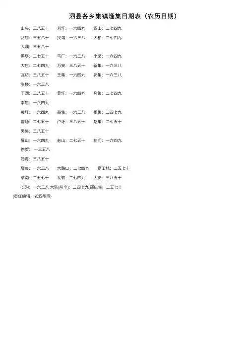 泗县各乡集镇逢集日期表（农历日期）