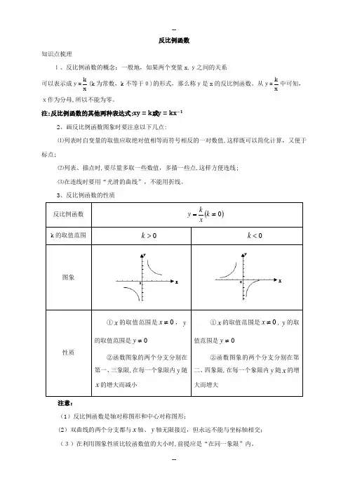 反比例函数中考复习(知识点+题型分类练习)