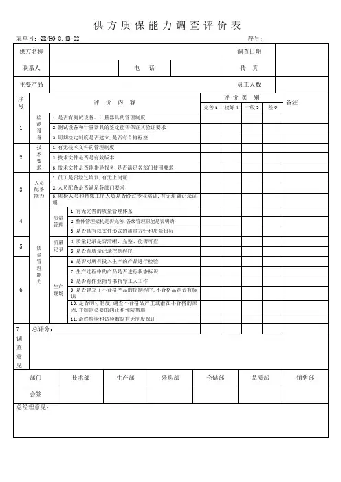 供方质保能力调查评价表