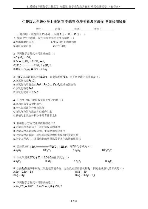 仁爱版九年级化学上册复习_专题五_化学变化及其表示_单元检测试卷_(有答案)