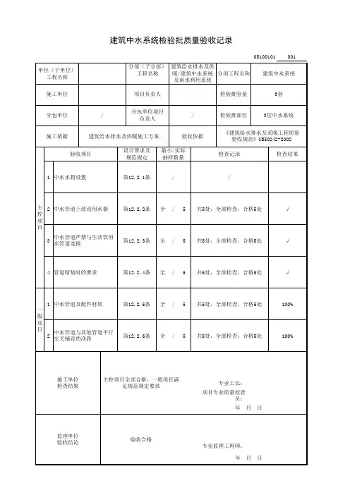 建筑中水系统检验批质量验收记录(范例)