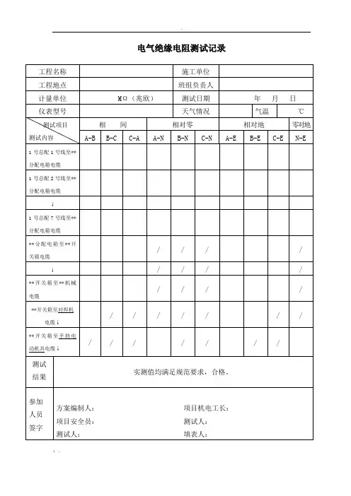 电气绝缘电阻测试记录填写范例