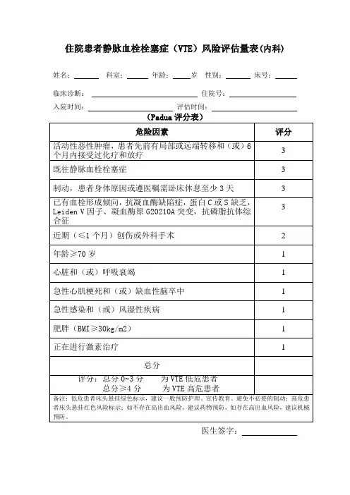 住院患者静脉血栓栓塞症(VTE)风险评估量表(内科)