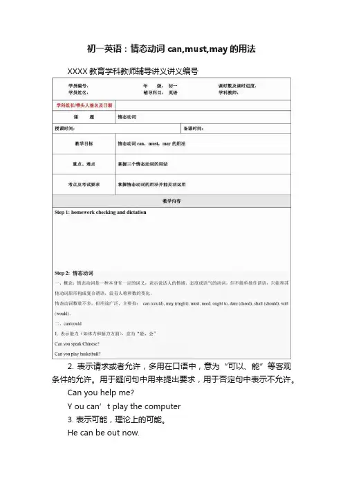 初一英语：情态动词can,must,may的用法