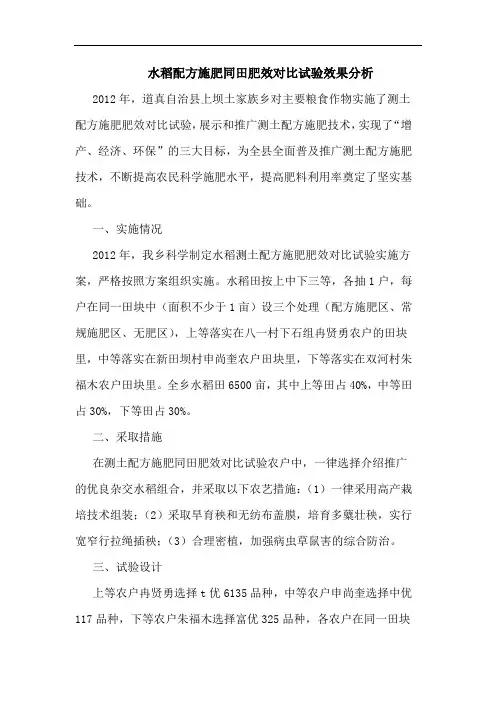 水稻配方施肥同田肥效对比试验效果分析