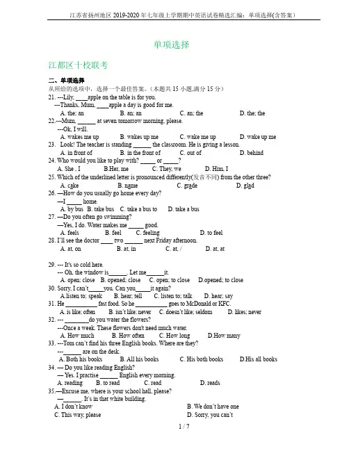 江苏省扬州地区2019-2020年七年级上学期期中英语试卷精选汇编：单项选择(含答案)