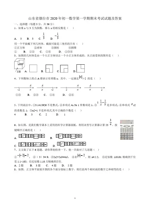 山东省烟台市2020年初一数学第一学期期末考试试题及答案