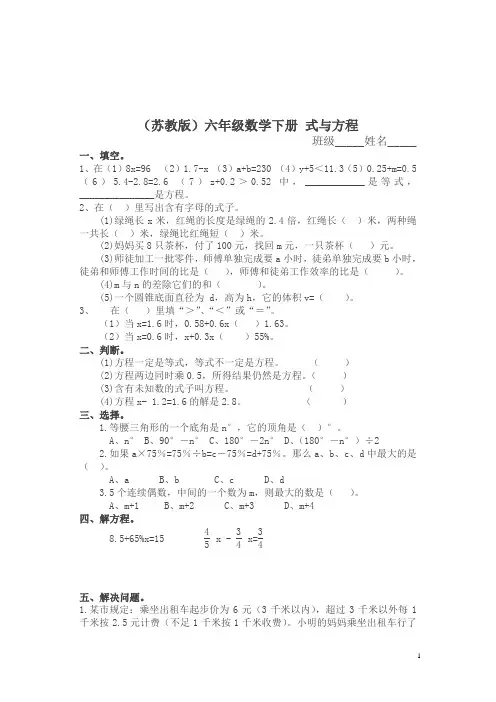 苏教版六年级下册《式与方程》练习题及答案