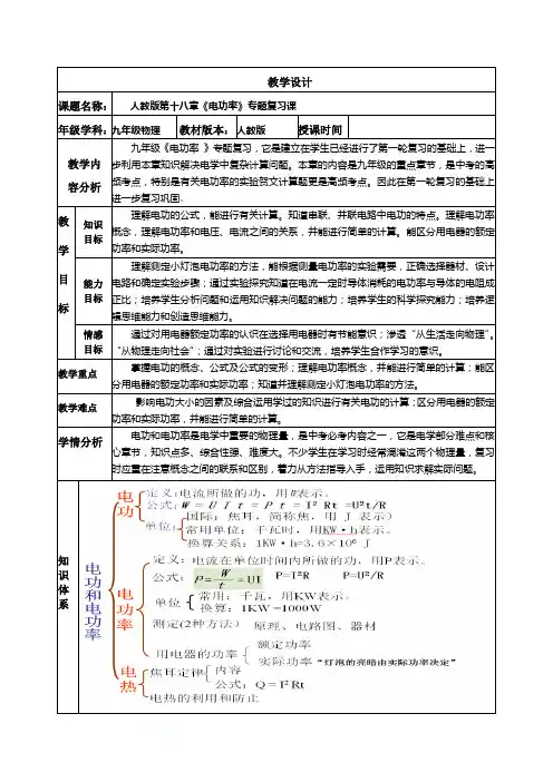 人教版九年级物理第十八章《电功率》专题复习课   教案设计