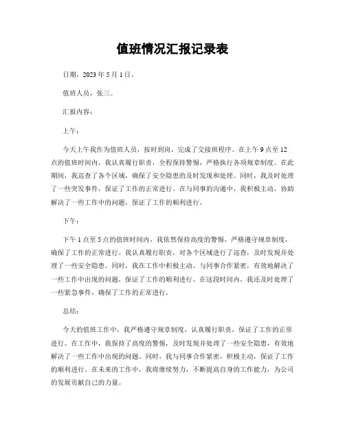 值班情况汇报记录表
