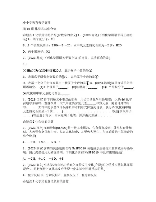 2023中考化学一轮复习主题二物质构成的奥秘第10讲化学式与化合价练习