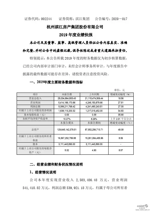 滨江集团：2019年度业绩快报
