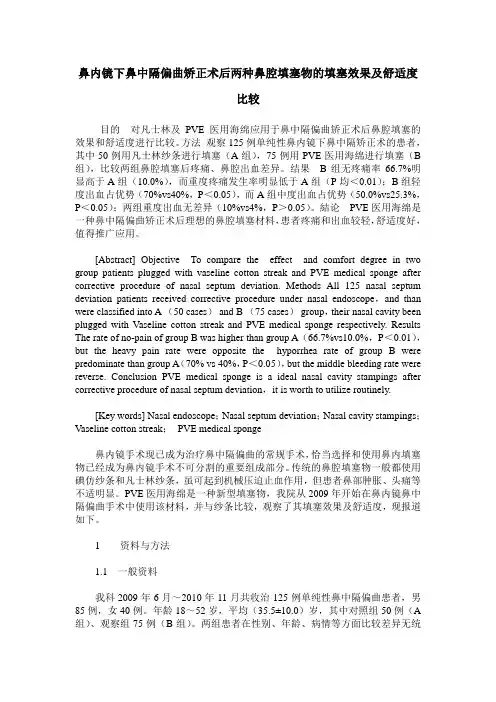 鼻内镜下鼻中隔偏曲矫正术后两种鼻腔填塞物的填塞效果及舒适度比较