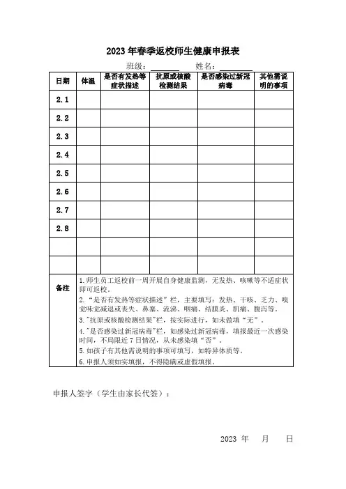 师生返校健康监测表