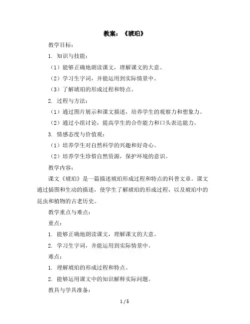5《琥珀》(教案)部编版语文四年级下册