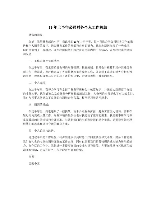 13年上半年公司财务个人工作总结