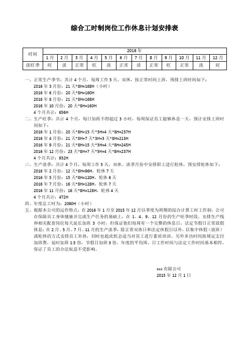 综合工时制岗位作休息计划安排表样本