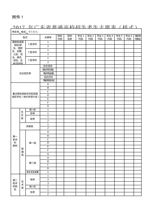 07年广东省普通高校招生考生志愿表(样式)