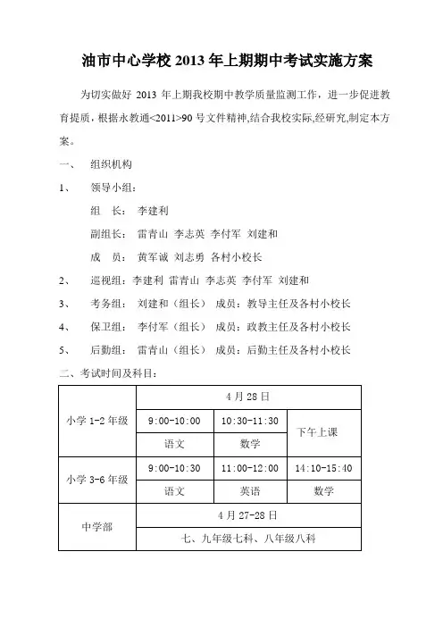 2013年上期期中考试实施方案