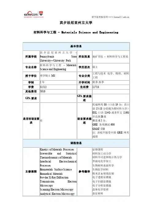 宾夕法尼亚州立大学材料科学与工程专业