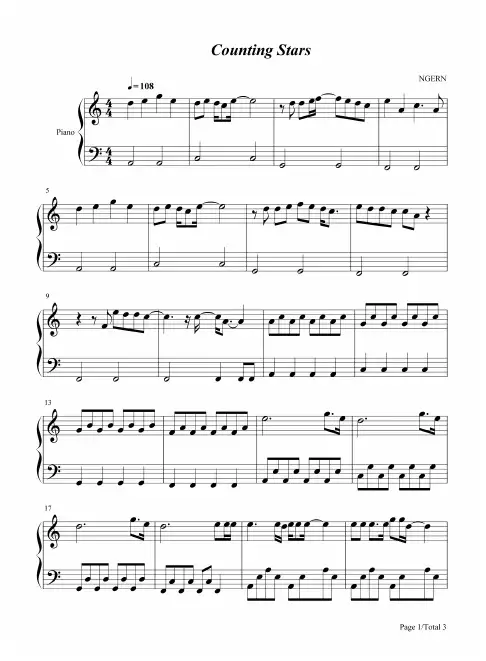 钢琴谱 Counting Stars-C调简单版 五线谱_共3张(全)