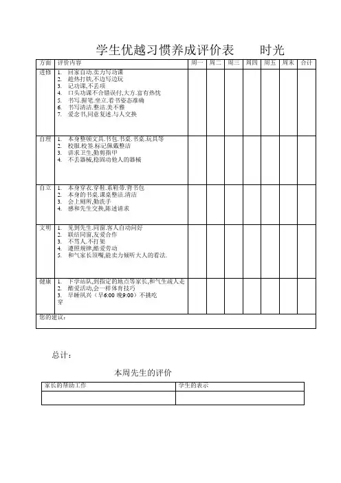 小学生良好习惯养成评价表
