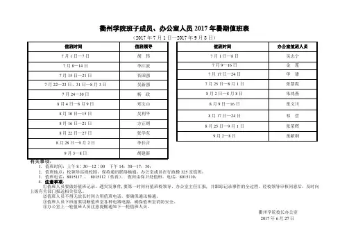 衢州学院班子成员、办公室人员2017年暑期值班表