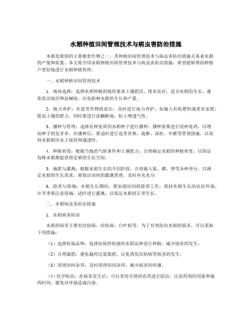 水稻种植田间管理技术与病虫害防治措施