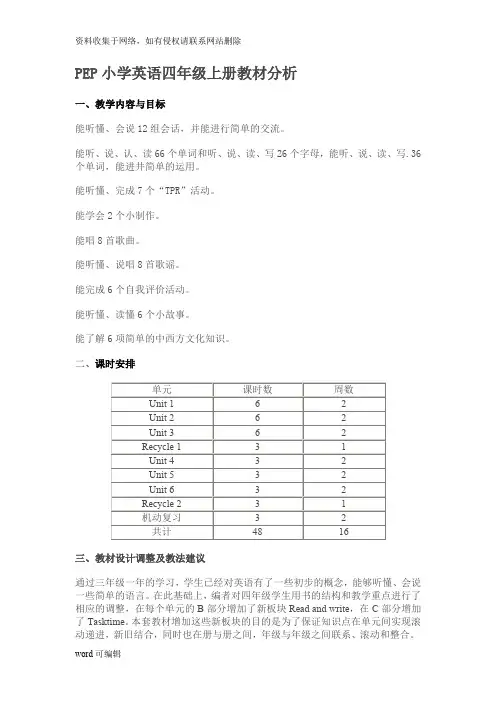 PEP小学英语四年级上册教材分析讲解学习