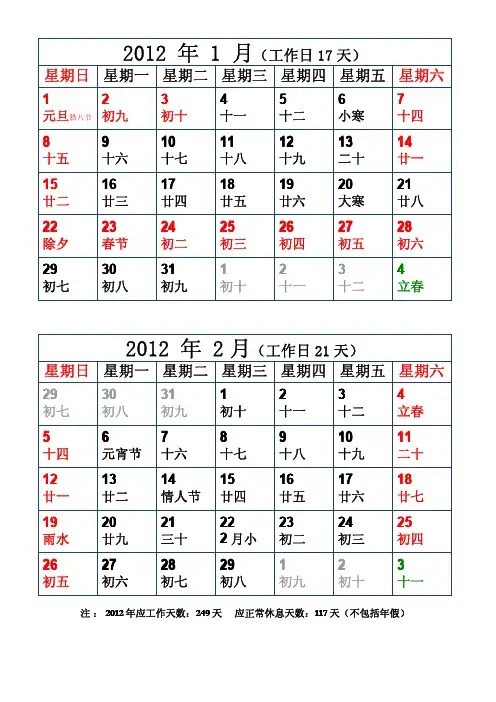 2012年(工作日)日历