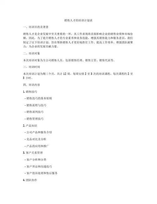 销售人才的培训计划表