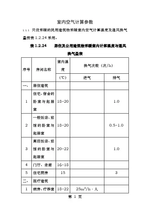 室内空气计算参数