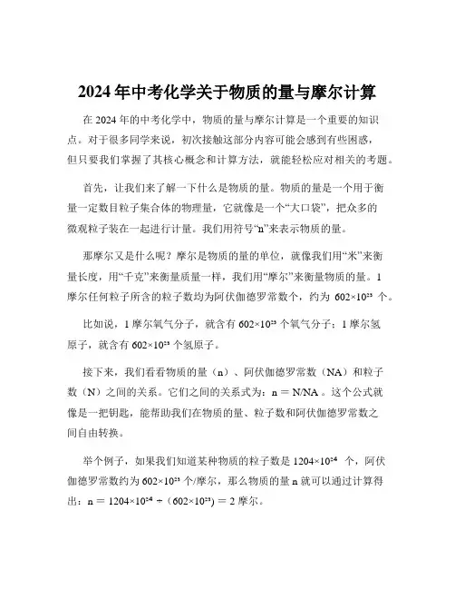 2024年中考化学关于物质的量与摩尔计算