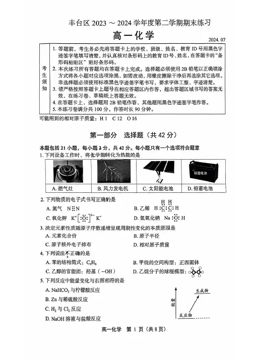 2024北京丰台区高一(下)期末化学试题及答案