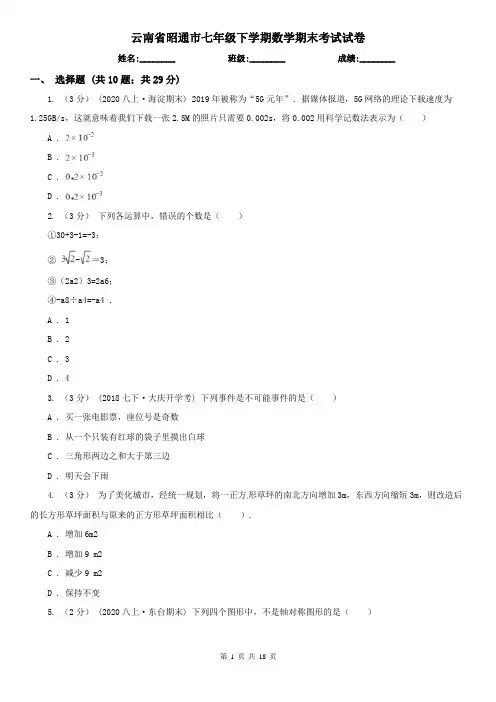 云南省昭通市七年级下学期数学期末考试试卷