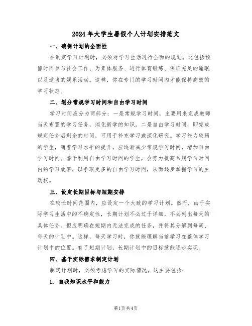 2024年大学生暑假个人计划安排范文（三篇）