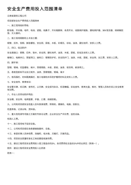 安全生产费用投入范围清单