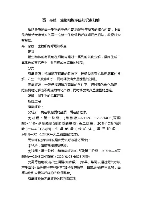 高一必修一生物细胞呼吸知识点归纳