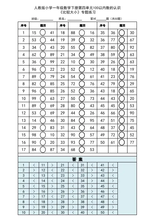 人教版小学一年级数学下册第四单元100以内数的认识《比较大小》专题练习附答案(按下F9可刷新题库)